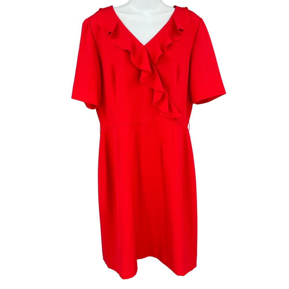 ALEX MARIE Sheath Dress Sz 14 Red Ruffle V-Neck Elegant Office Cocktail